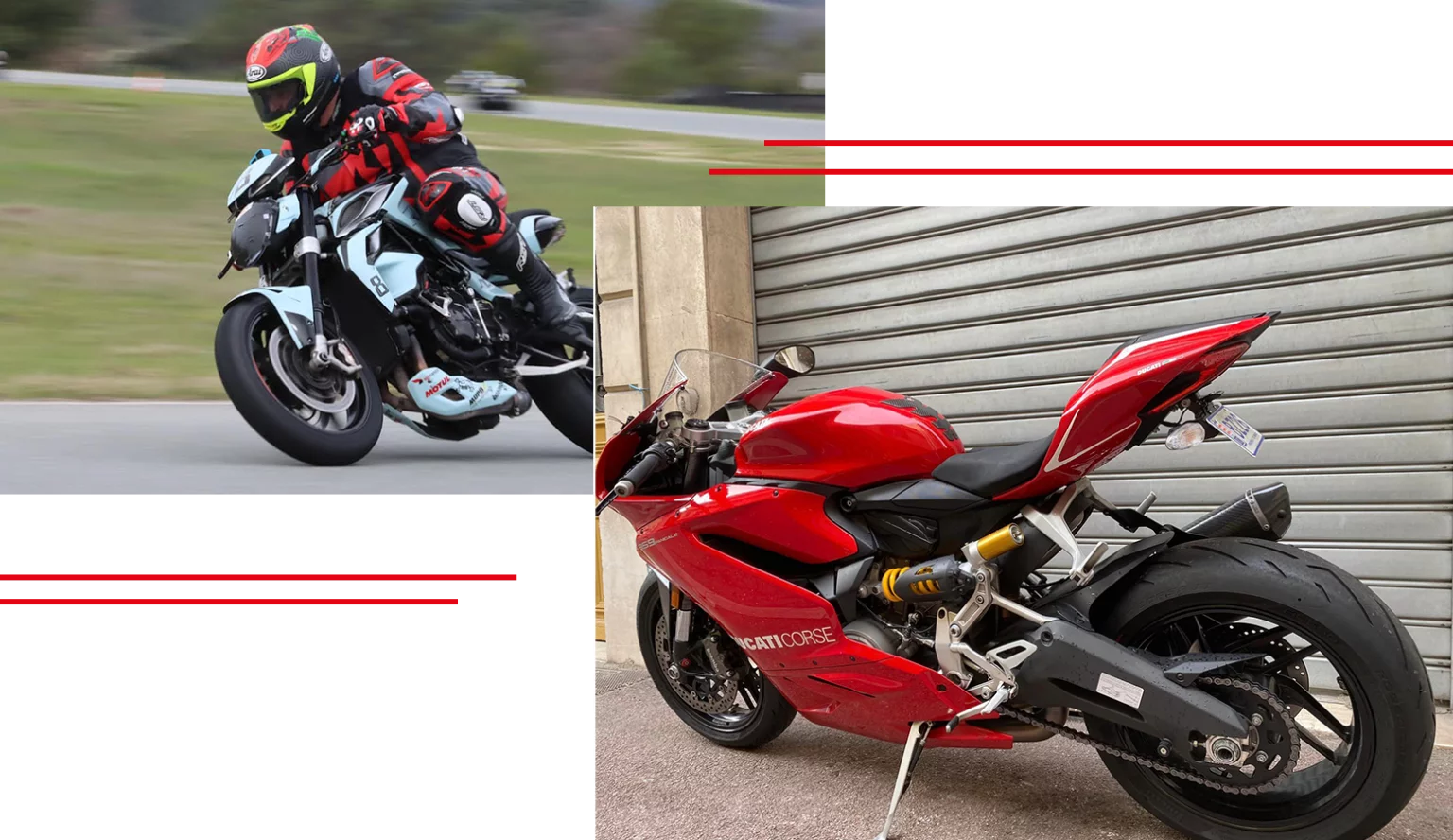 Montage photo d'une moto en piste et d'une Ducati rouge devant l'atelier Moto One à Beausoleil